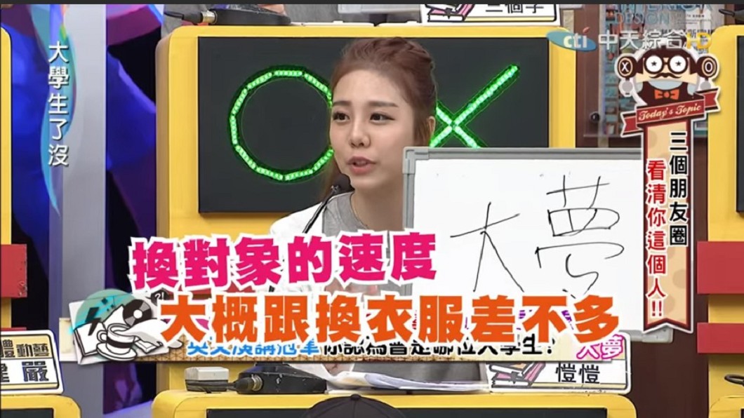 于大夢被愷愷爆料,指她換對象的速度跟換衣服一樣迅速。圖/翻攝Youtube