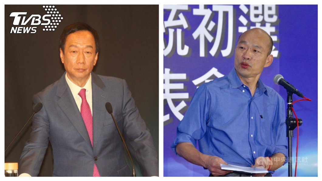 韓國瑜(右)、郭台銘(左)在國民黨國政願景發表會上，「關鍵塞子」論和「最強外掛」說等金句，獲得支持度者不少討論度，誰能獲得最大加分？  圖／中央社
