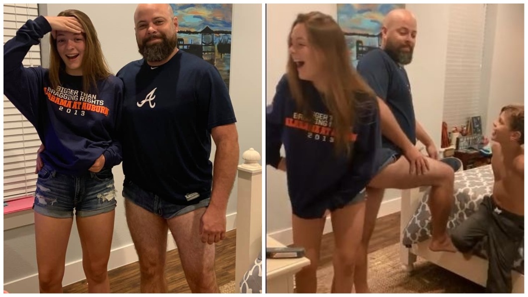 14歲女兒愛穿超短熱褲，父親見狀也跟著模仿。(圖／翻攝自臉書)