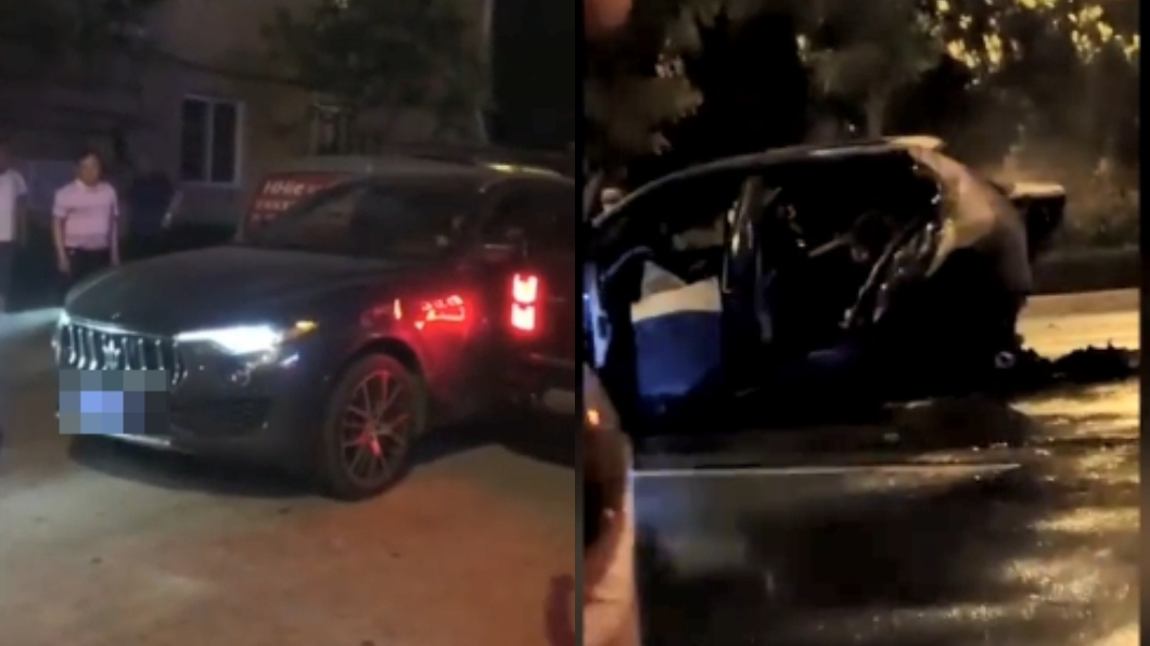 左圖為肇事的瑪莎拉蒂、右圖為遭衝撞起火的BMW。圖/翻攝自微博