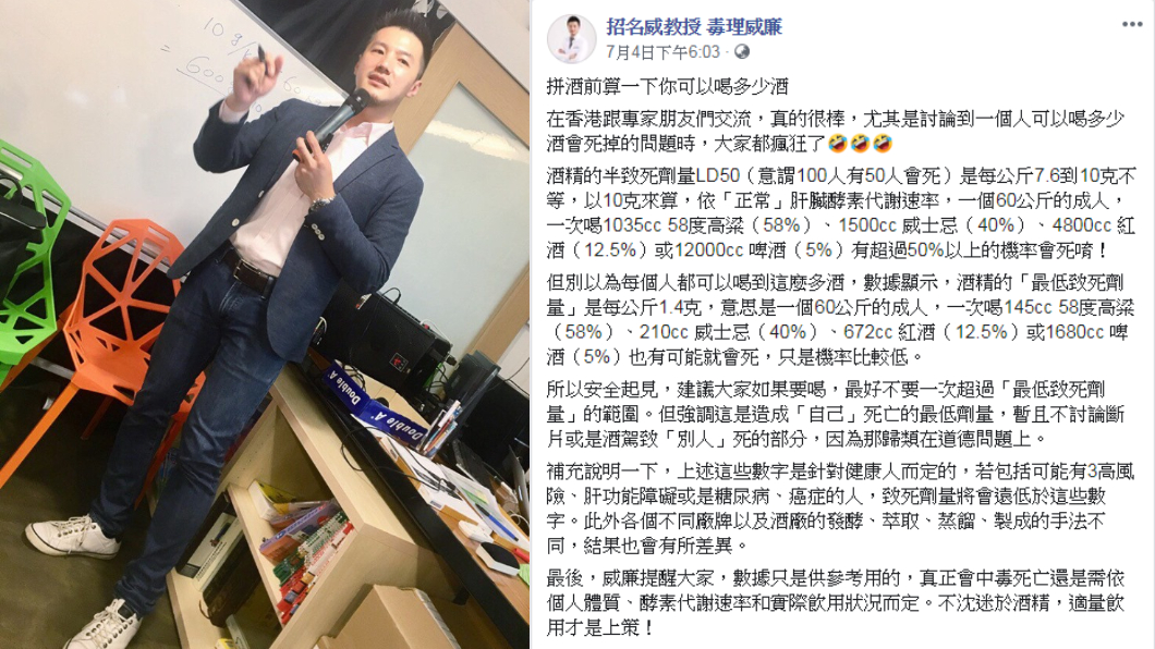 但專家也提到,適度飲酒才是最重要的。圖/翻攝自臉書招名威教授 毒理威廉