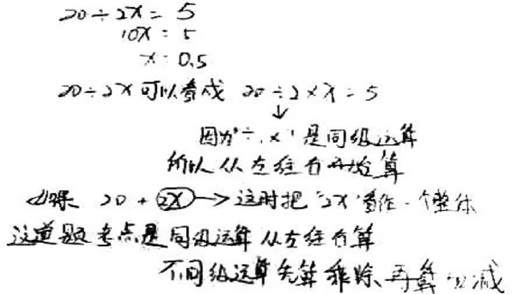 20÷2X=5,X=?屬學老師認為答案是0.5,家長認為是2,各自持不同意見。(圖/翻攝自陸網)