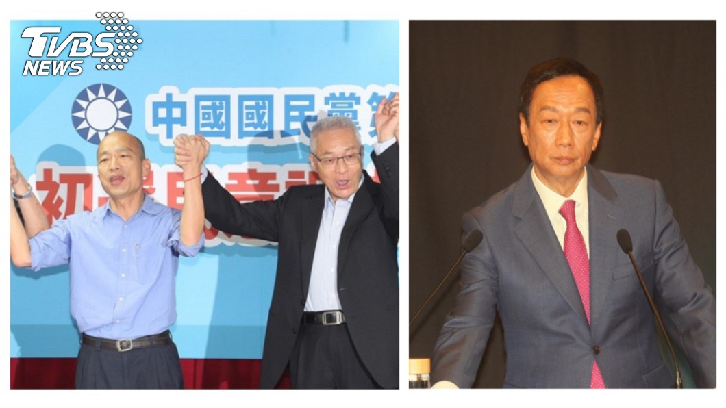 中國國民黨15日公布總統初選民調結果，高雄市長韓國瑜(左圖左1)以44﹒8%獲壓倒性勝利，大勝了郭台銘(右圖)逾17%，將代表國民黨角逐2020總統。同時與黨主席吳敦義（左圖右1）營造團結氣勢。  圖