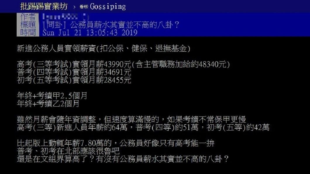 有網友分享其實當公務員,薪水並沒有你想像中的高。(圖/翻攝自PTT)