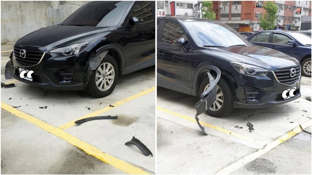 百萬轎車的葉子板輪弧肢離破碎。合成圖/翻攝爆廢公社臉書