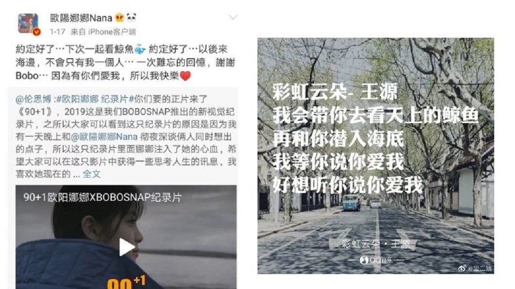 王源寫的歌曲《彩虹雲朵》(右圖),提及帶你看鯨魚,似乎回應歐陽娜娜微博文章(左圖)。圖/翻攝自歐陽娜娜微博、微博