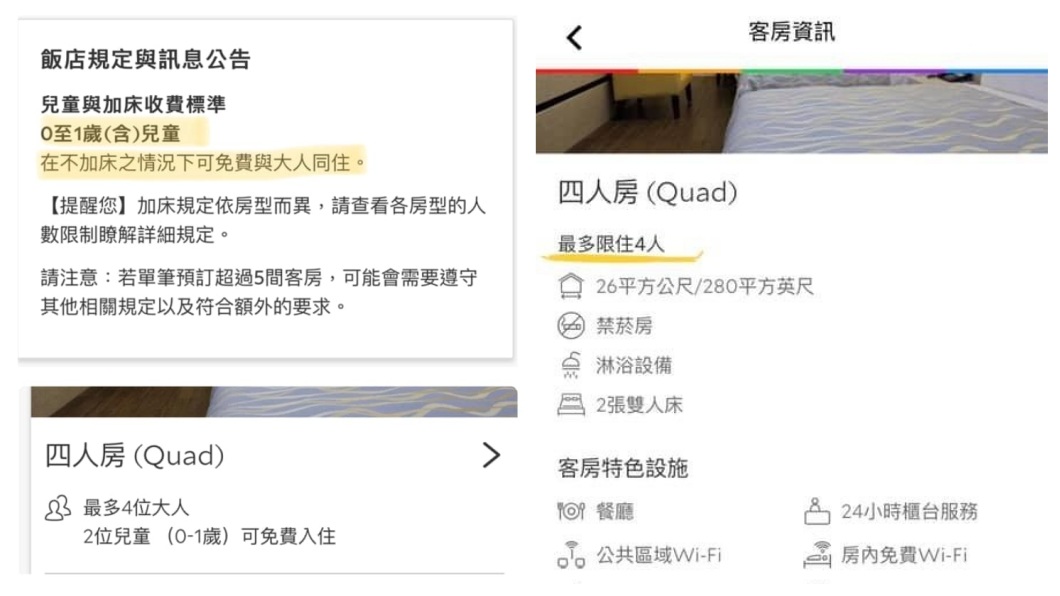 女網友將他們飯店的整個收費規定公告出來,上面提到加床的收費標準。(圖/翻攝自爆怨公社)