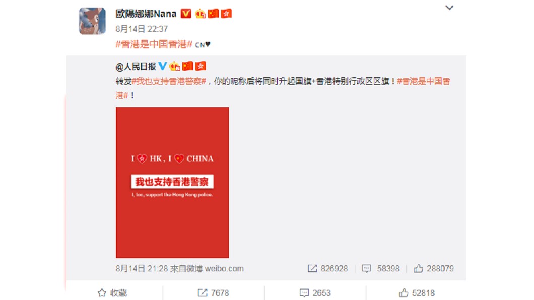 歐陽娜娜在微博轉貼文章。圖/翻攝自歐陽娜娜微博