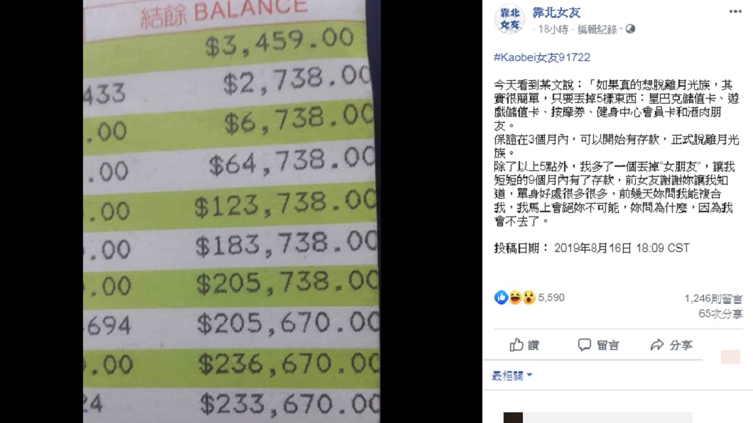 網友PO文表示分手後終於有存款。圖/翻攝自靠北女友