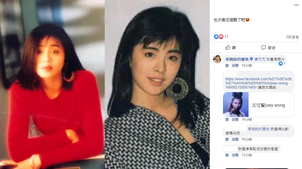 網友認為很像王祖賢。圖/翻攝自臉書李婉鈺的園地