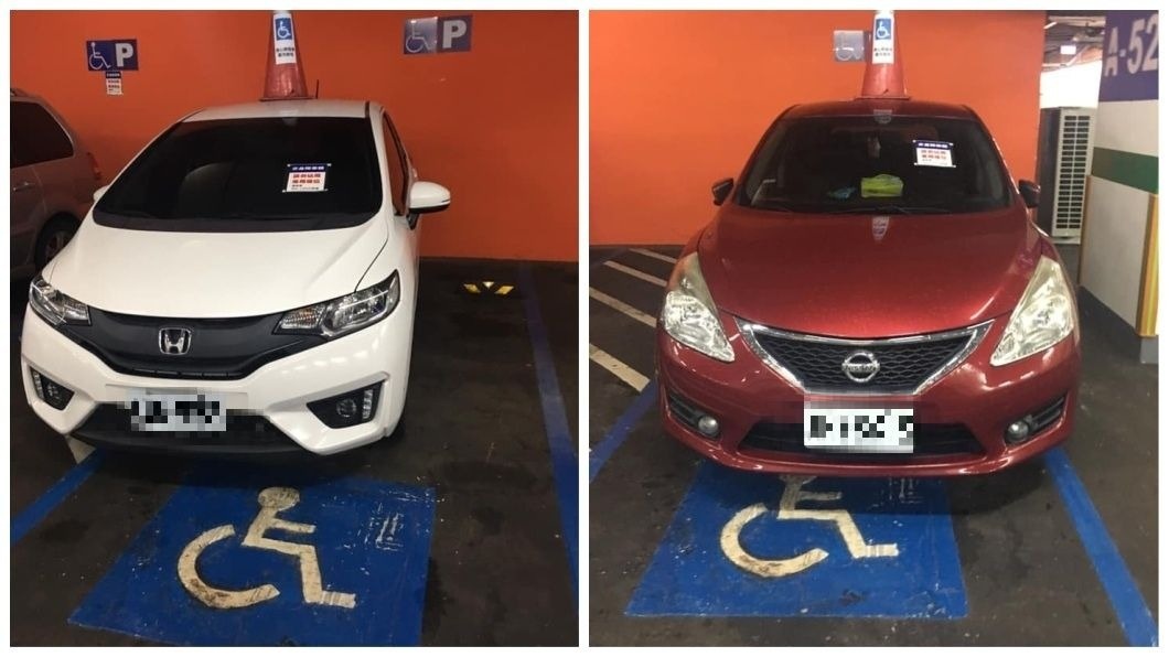 有民眾到一間百貨公司的地下停車場時，發現有2輛車沒貼身心障礙標誌就停放在身障車位。(圖／翻攝自爆怨公社)