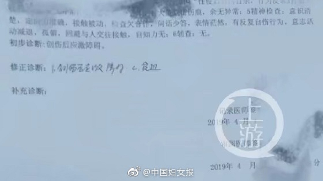 少女事後出現行為異常,家人帶她就醫後確診罹患了憂鬱症和創傷後壓力症候群等症狀。(圖/翻攝自微博)