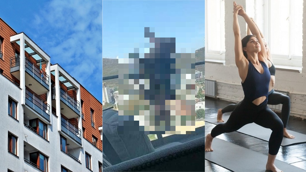 瑜珈妹在陽台挑戰高難度動作。圖／翻攝自(中)Twitter、(左、右)TVBS