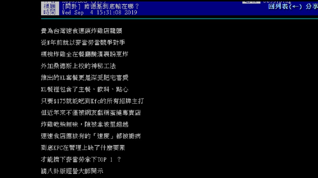 網友提問為何肯德基會輸給麥當勞。 圖/翻攝至PTT