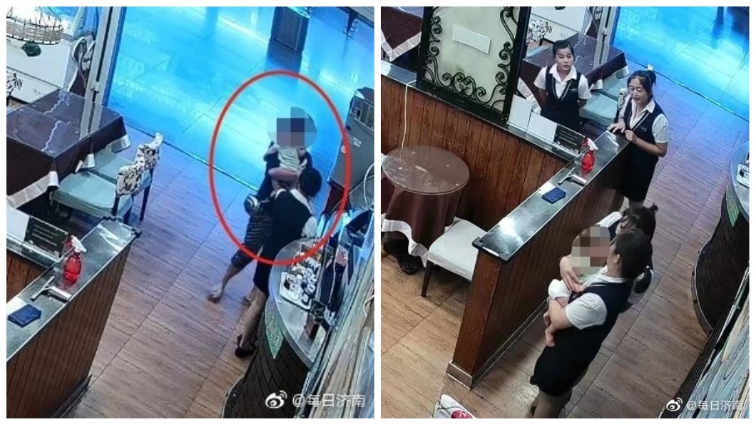 山東濟南機場出現1名抱著男嬰的女子，稱說要去辦登機手續，請店員幫忙看顧一下孩子。(圖／翻攝自微博)