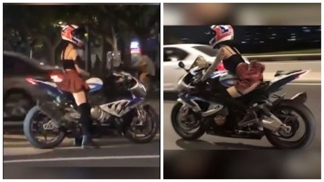 一名穿著超短裙的火辣女騎士，騎乘著重機在市區內飆速。(圖／翻攝自微博)