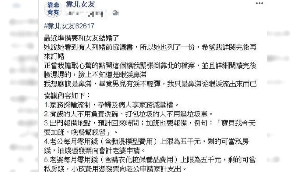 1名男網友發文表示,自己要和女友結婚了,但對方列出12項婚前協議。(圖/翻攝自靠北女友臉書粉絲團)