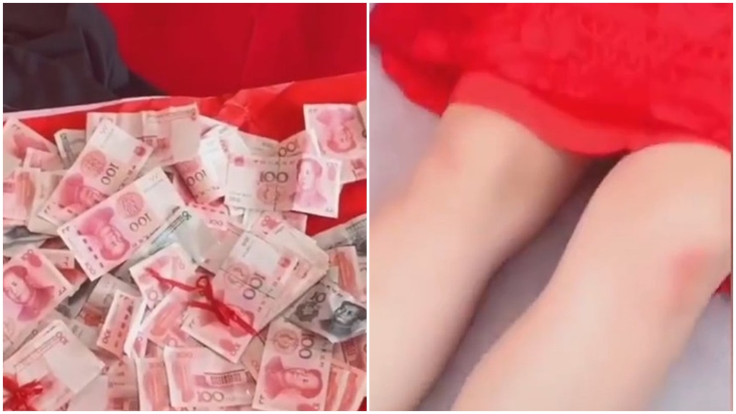 新娘膝蓋因此跪到紅腫,最後收到約新台幣88000元紅包。圖/翻攝自博訊新聞網
