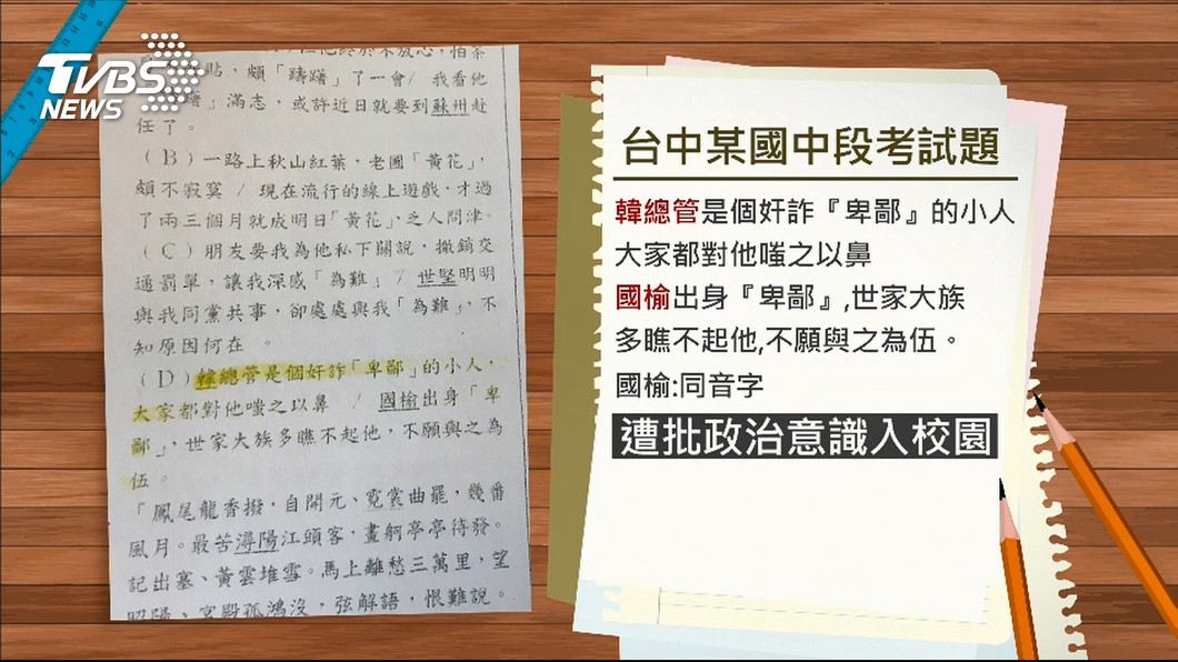 台中大里一所中學，大量黑韓字眼出現在期中考試卷中(左)，台中市議員痛批「黑韓已黑進校園」。    圖／TVBS