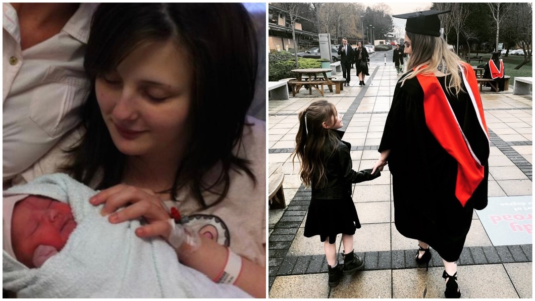 英國1名21歲的單親媽媽，日前帶著6歲的女兒一起參加她的大學畢業典禮。(圖／翻攝自推特)