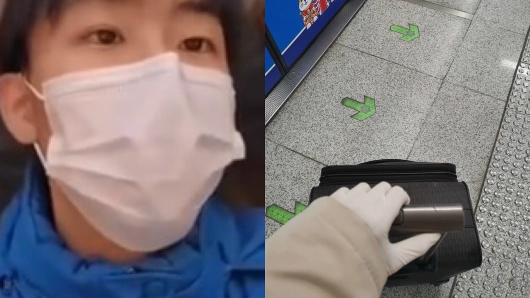 郭岳搭機返鄉途中全程佩戴3層口罩和1次性手套。(圖／翻攝自微博)