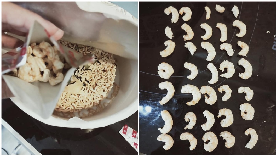 有女網友分享日前買了1款鮮蝦泡麵，沒想到打開裡面的料讓她看傻眼。（圖／翻攝自臉書社團「Costco好市多 商品經驗老實說」） 買泡麵吃驚見「35隻蝦」　網笑：蝦族滅門慘案