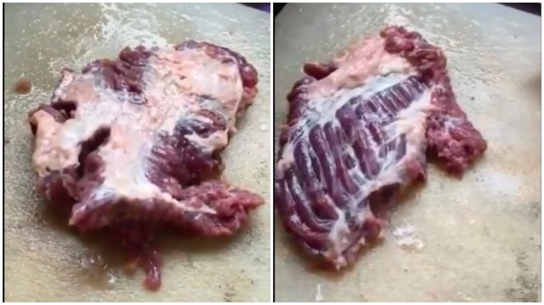 有網友分享母親準備烹煮生牛肉時，竟發現它在砧板上不停跳動。（圖／翻攝自推特） 生牛肉砧板詭異「跳動」16秒　母嚇到拒煮飯：誰敢吃