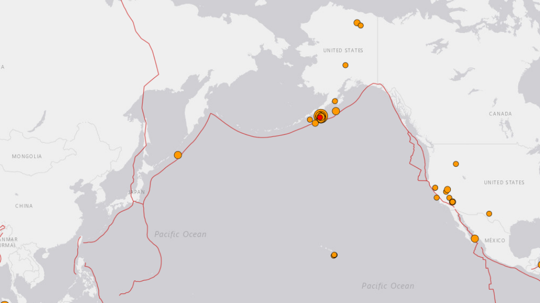 阿拉斯加州外海發生規模7.5強震。（圖／翻攝美國地質調查所） 阿拉斯加州外海7.5強震　美發布海嘯警報