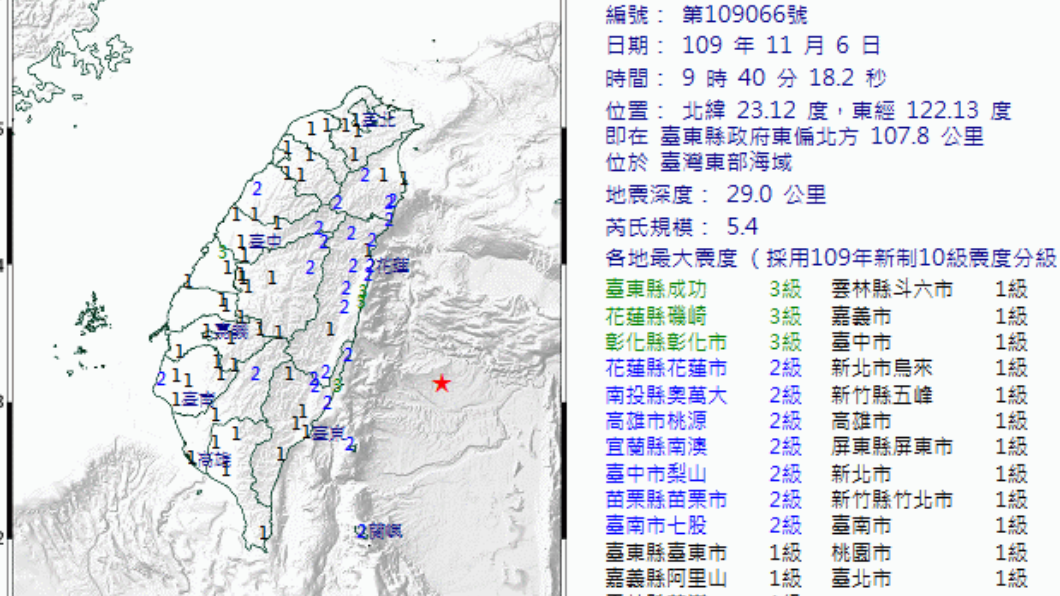 台灣東部海域發生芮氏規模5.4的有感地震。（圖／中央氣象局）
