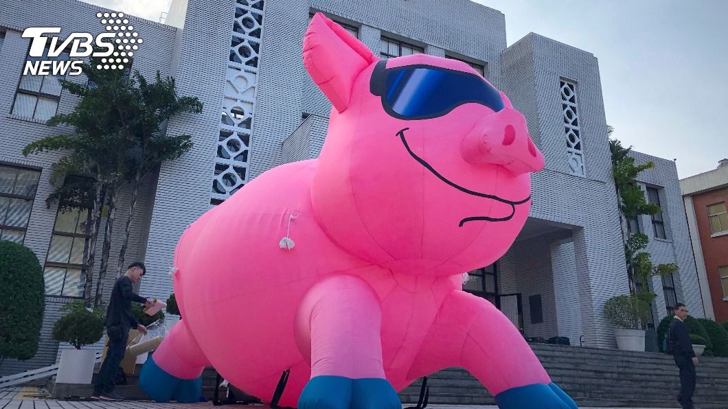 國民黨記者會擺放巨大的充氣粉紅豬突顯訴求。（圖／中央社）