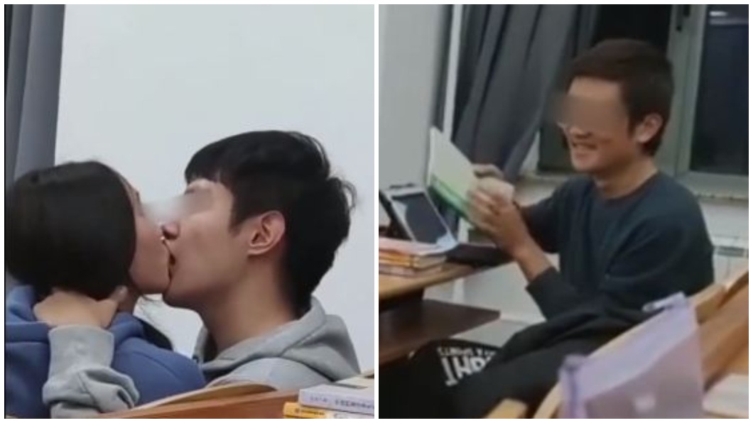 一對情侶在課堂上無視還有其他同學在場，當眾上演激情熱吻，後方男同學看了超尷尬。（圖／翻攝自微博）