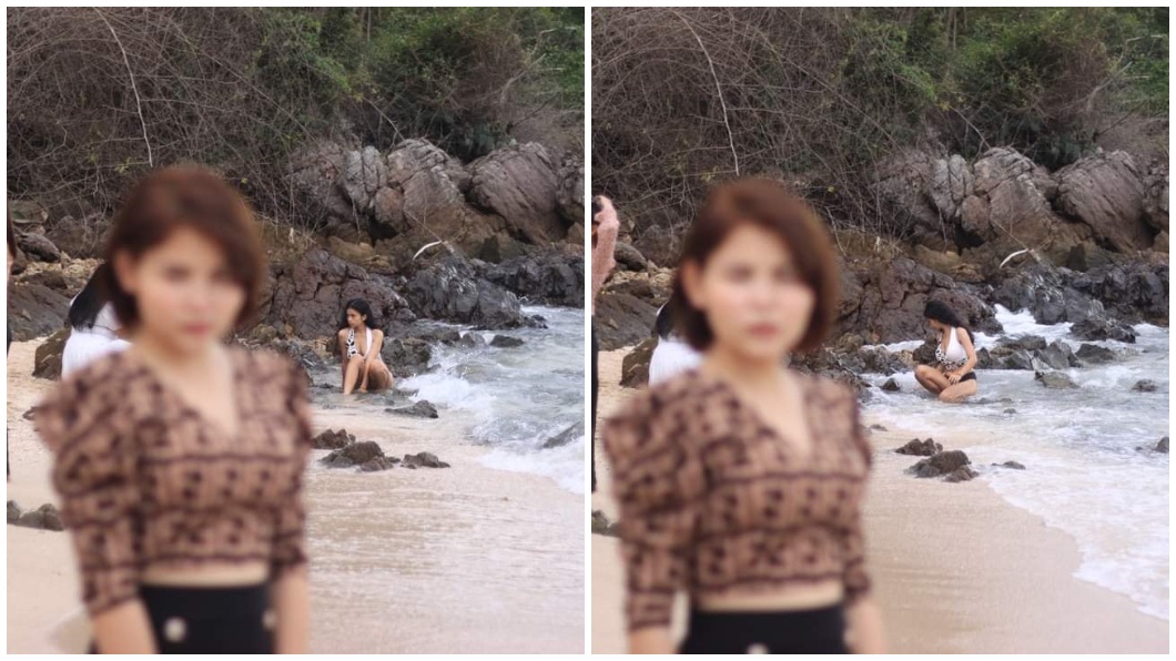 泰國一名男子在海邊幫女友拍美照時，結果鏡頭全放在後方的比基尼辣妹身上。（圖／翻攝自臉書）