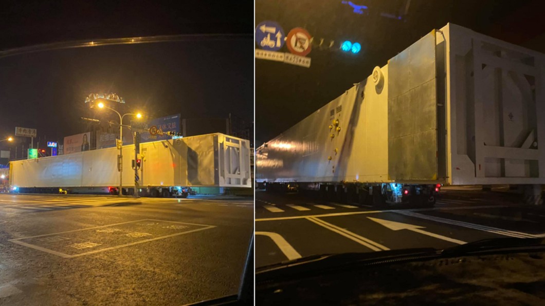 50公尺超大白色貨櫃車現身台南街頭。（合成圖／翻攝自「台南爆料公社-台南最大社團」）