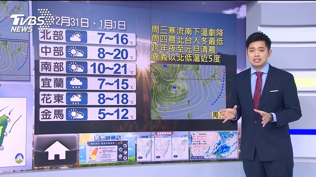 Photo/TVBS North East cool and South Central comfort!  The coldest current on Wednesday is 5 degrees coldest on New Yearâs Eve