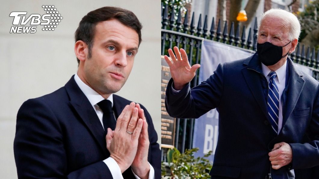 美國總統拜登（右）跟法國總統馬克洪（左）通電話。（合成圖／達志影像路透社）