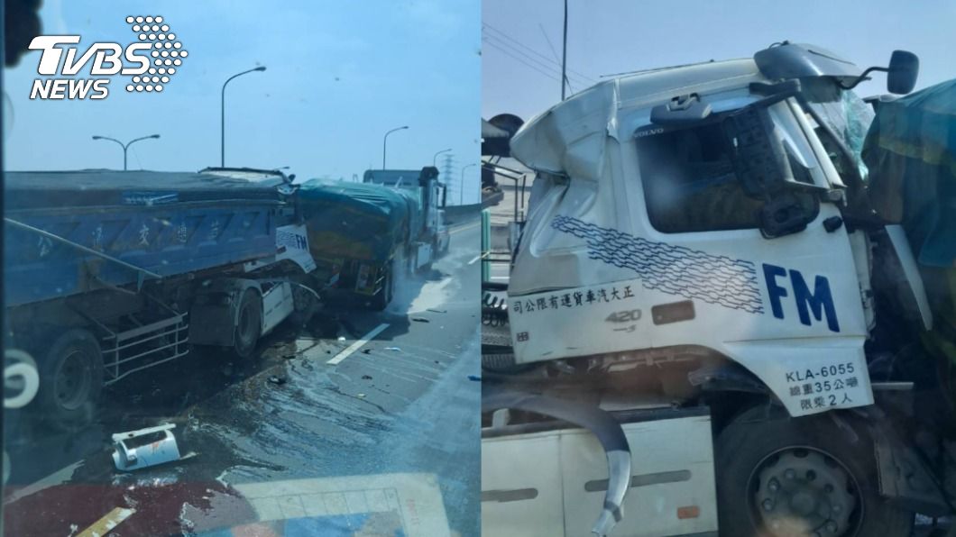 西濱快速公路2聯結車發生追撞事故。（圖／TVBS）