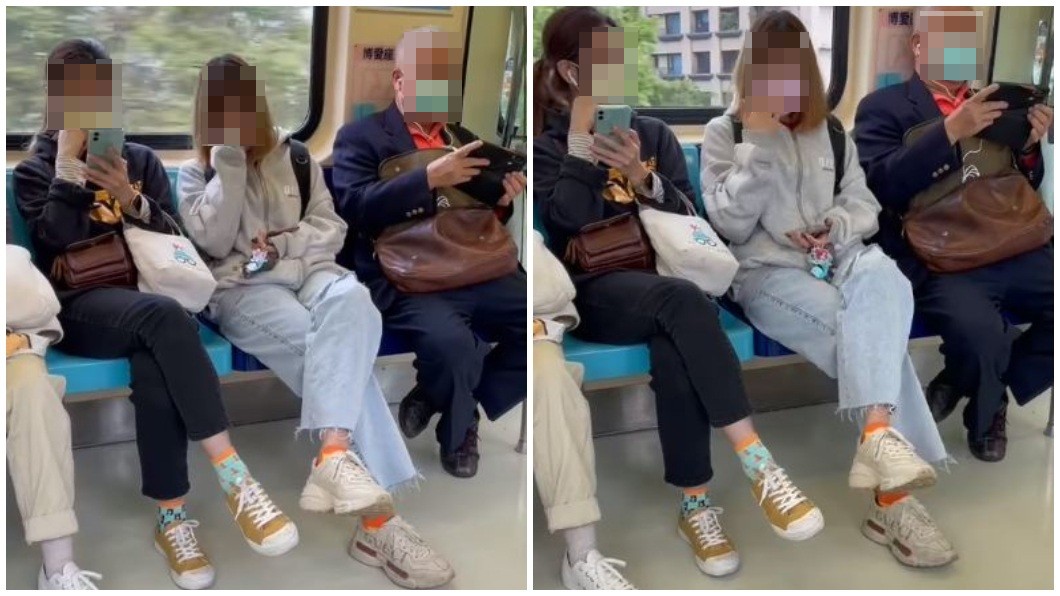 阿伯在捷運上看謎片，旁邊的女乘客超害羞。（合成圖／翻攝自爆廢1公社）