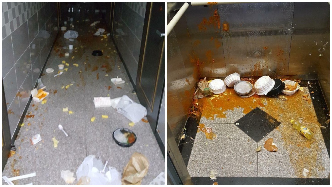 南韓一名女子花了大錢叫外送卻不吃，把食物全都潑灑在走廊和電梯。（合成圖／翻攝自臉書）