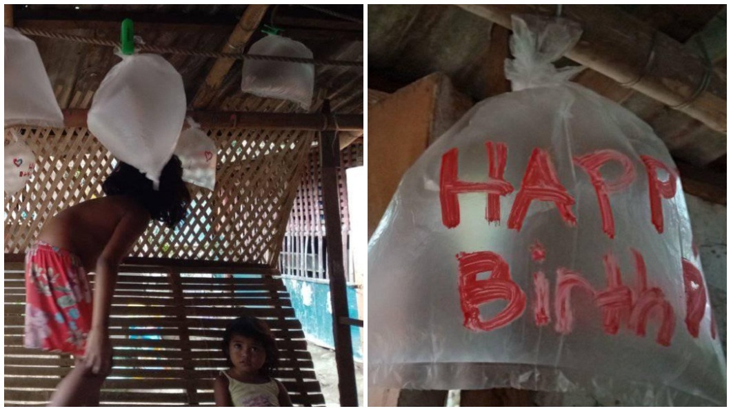 菲律賓一戶家境貧窮人家，孩子們拿塑膠袋充氣當氣球要幫父親慶生。（圖／翻攝自臉書）
