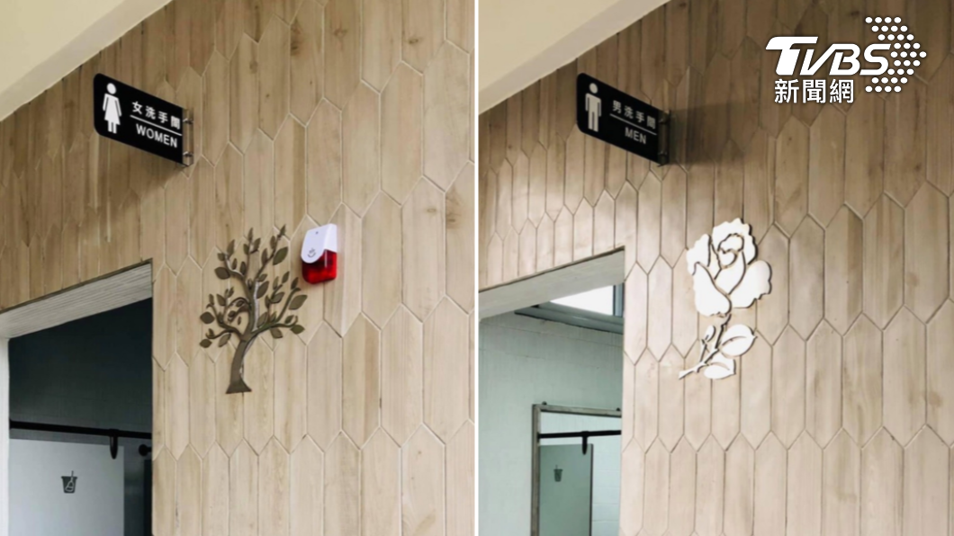高樹國中新建大樓女廁標「大樹」，男廁標示「玫瑰」。（合成圖／中央社）