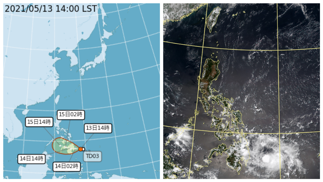 位於菲律賓東南方的熱帶性低氣壓，中央氣象局預估有機會發展成為第3號颱風「彩雲」。（圖／翻攝自中央氣象局）