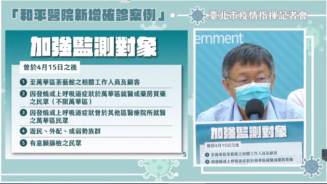 台北市長柯文哲宣佈有5類人可以前往萬華的篩檢站進行篩檢（圖／翻攝台北市政府臉書）