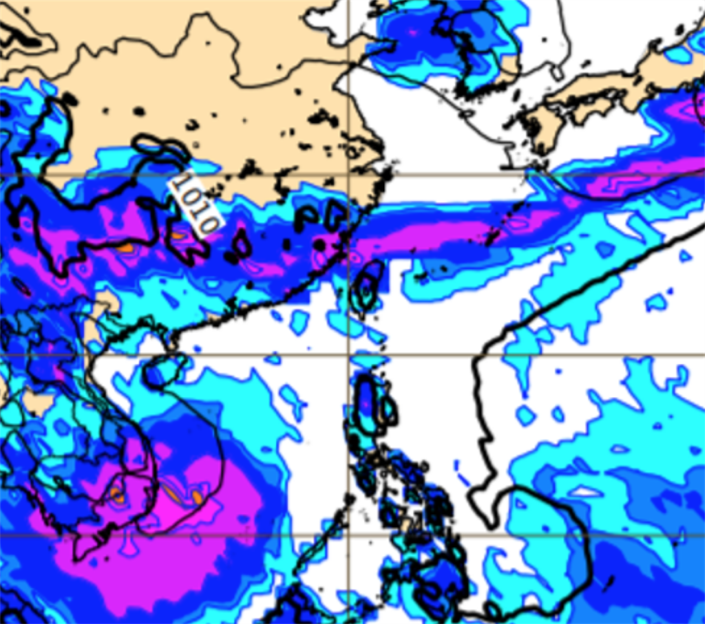 歐洲模式模擬下週台灣將出現典型梅雨滯留鋒面。（圖／翻攝自ECMWF） 梅雨季來了！鋒面襲台時間曝　有望「劇烈降雨」解渴