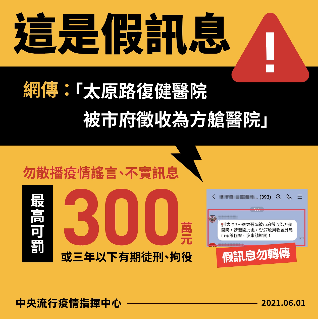 網傳「臺中太原路復健醫院被徵收為方艙醫院」 為假訊息。（圖／中央流行疫情指揮中心）