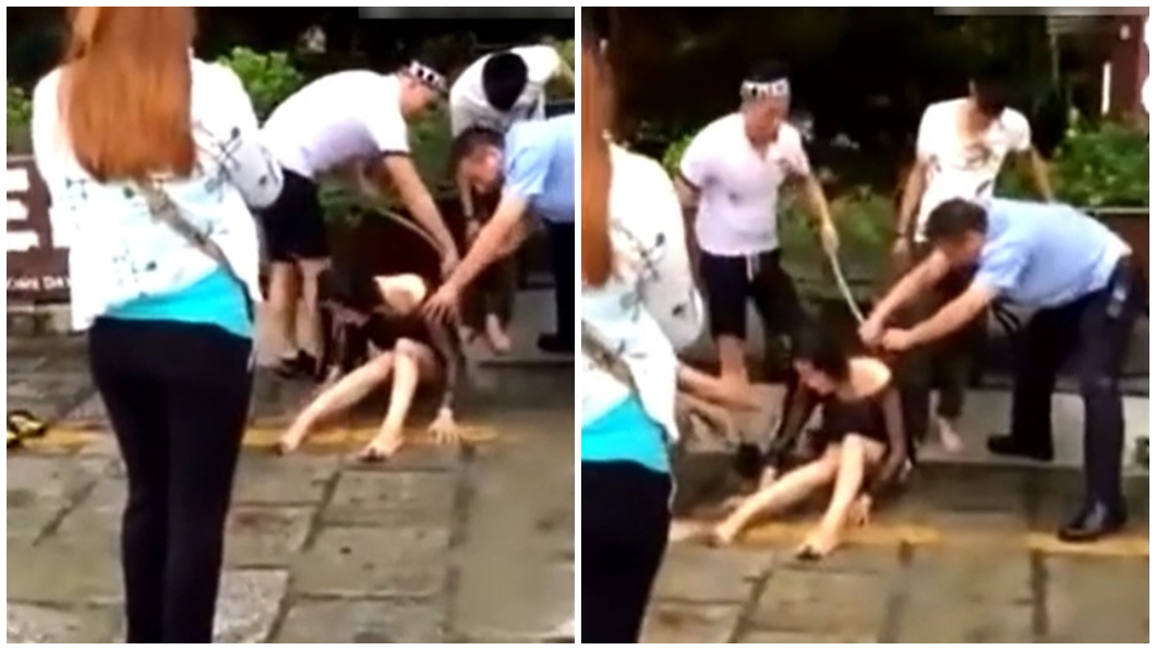 大陸安徽一名酒醉女子不慎跌入糞坑，4男化身勇者幫救出沖水。（合成圖／翻攝自騰訊視頻）
