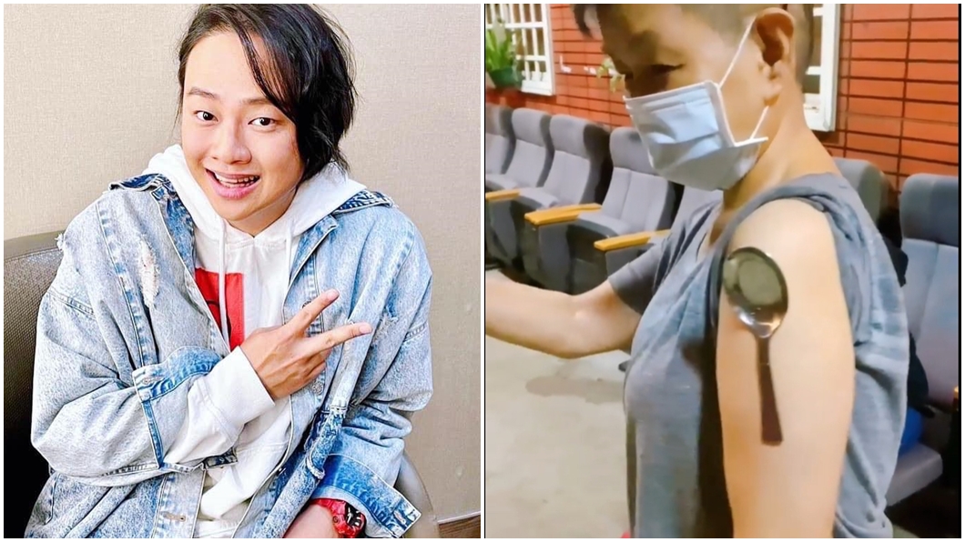 男星賴銘偉PO出母親打疫苗後手臂吸附鐵湯匙影片。（圖／翻攝自賴銘偉臉書）