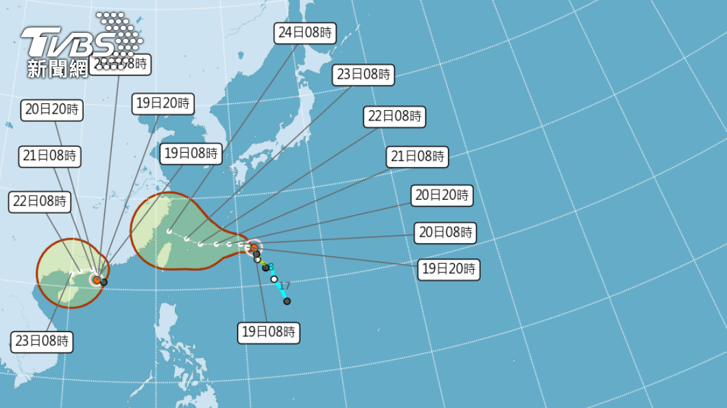 烟花、查帕卡颱風路徑潛勢圖。（圖／氣象局提供）