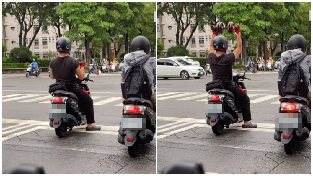 有民眾目擊騎士在停等紅燈時舉起啞鈴健身。（圖／翻攝自臉書社團「路上觀察學院」）