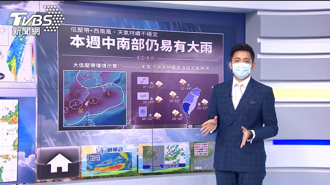 Photo/TVBS "Southwest Wind + Low Pressure Zone"!  Heavy rains in the central and southern regions