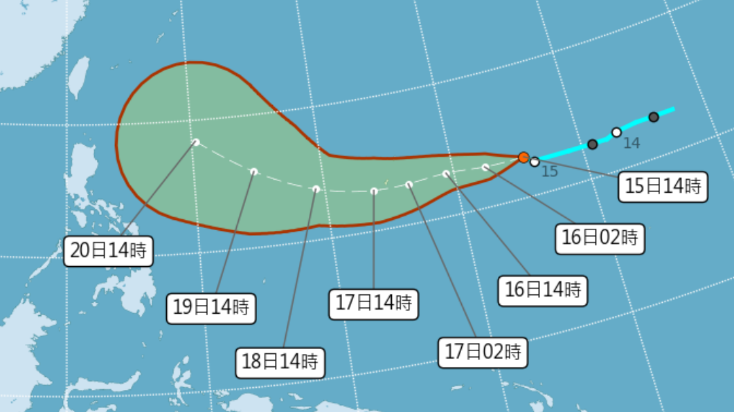 台灣東方海面上的熱帶性低氣壓有增強趨勢。（圖／中央氣象局）